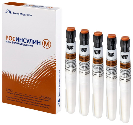 РОСИНСУЛИН М МИКС сусп 30/70 100МЕ/мл 3мл N5 (картиридж+шприц-ручка)