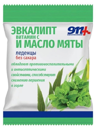 911 ЛЕДЕНЦЫ б/сахара Эвкалипт с вит С и масло мяты 50 г №1