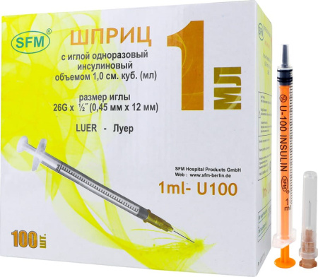 ШПРИЦ SFM Инсул 3-х комп (надет игла) U100 1мл (0,45х12/26G) N100