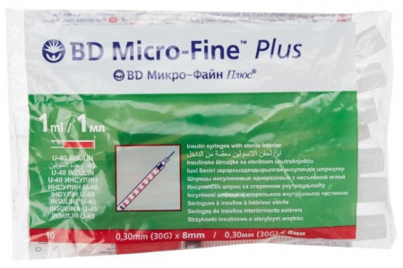 ШПРИЦ BECTON Micro-Fine Plus инсул U40 1мл (0,3x8мм/30G) N10