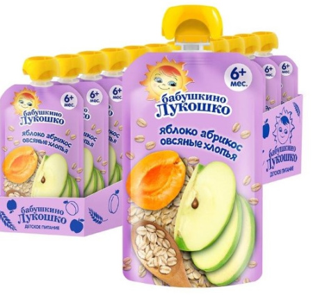БАБУШКИНО ЛУКОШКО ПЮРЕ Яблоко/Абрикос с  овсяными хлопьями 125г